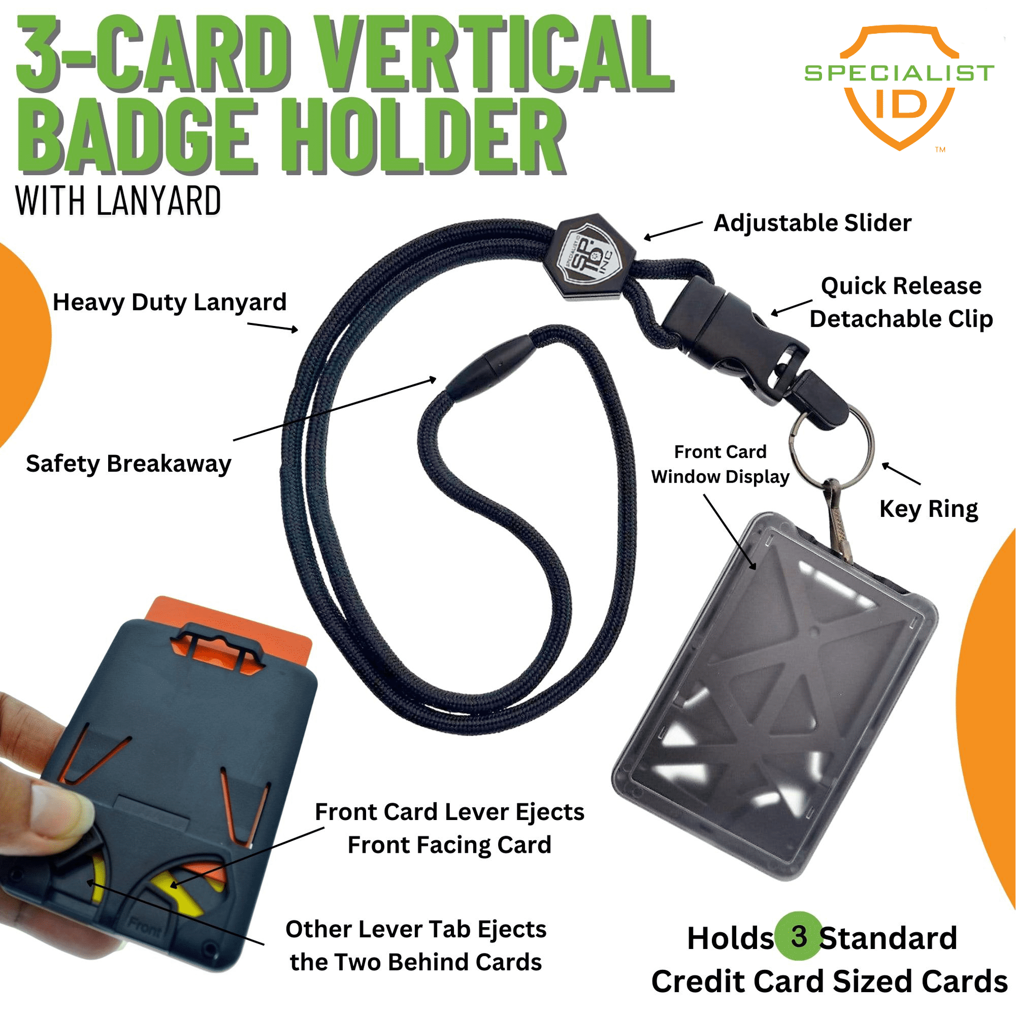 Specialist ID Vertical Top Load Three Card Badge Holder - Hard Plastic with Heavy Duty Breakaway Lanyard w Quick Release Metal Clip & Key Ring (One Holder / 3 Cards Inside) (Royal Blue)
