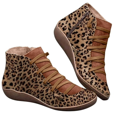 

Aayomet Boots For Women，Womens Cowboy Boots Ankle Leopard Side Print Toe Casual Round Fashion Zipper Boots Lace-up Women s Black Boots