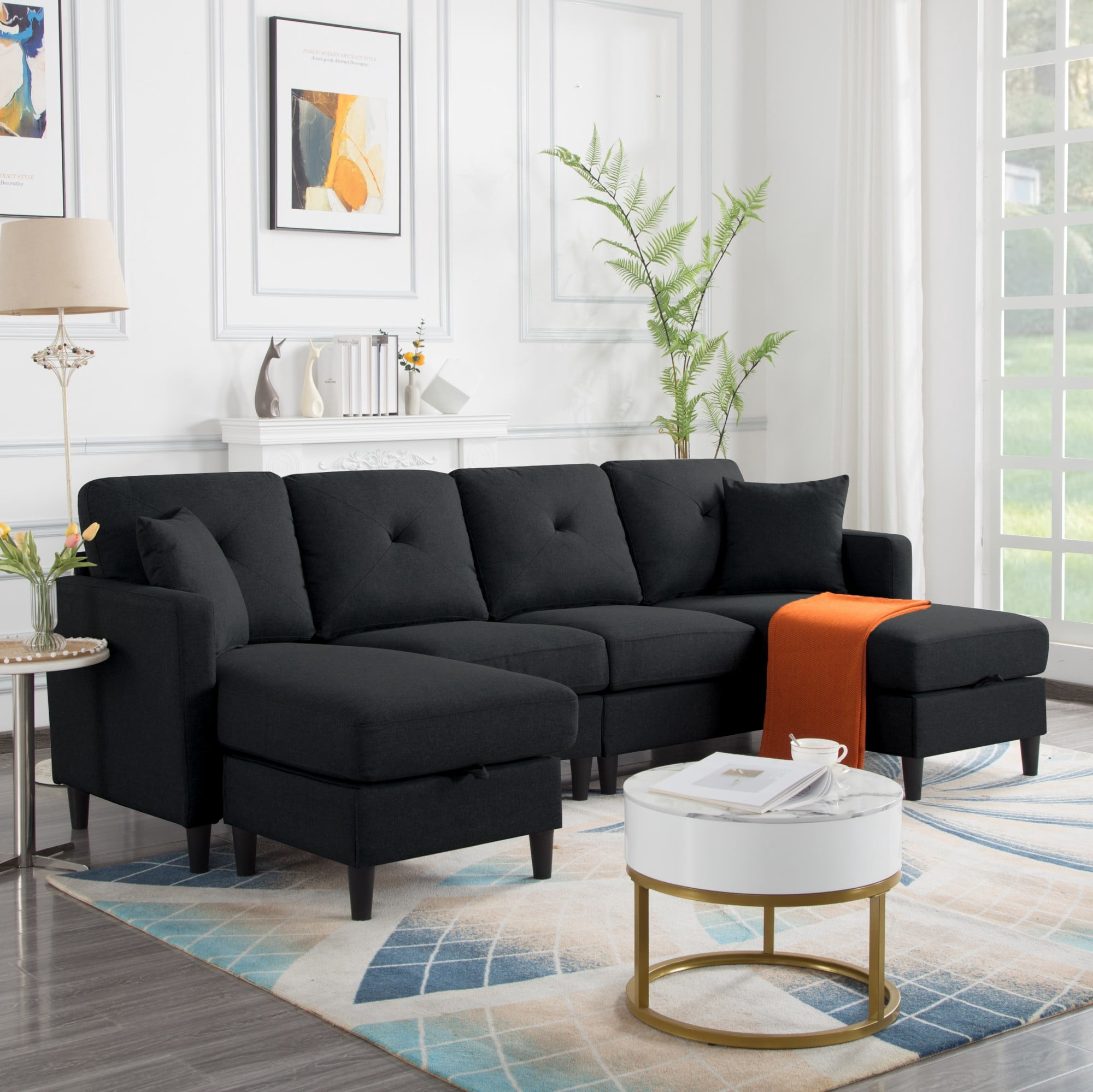 Gewnee 99.2" U-Shaped Sectional Sofa, Linen Upholstered Modular Couch with Storage Ottomans for Living Room, Black
