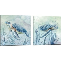 Sea Turtle Wall-Art for Bathroom Decor - 2 Panel Set of 12 x 12 Inch Teal Sea Turtle with Seagrass Prints