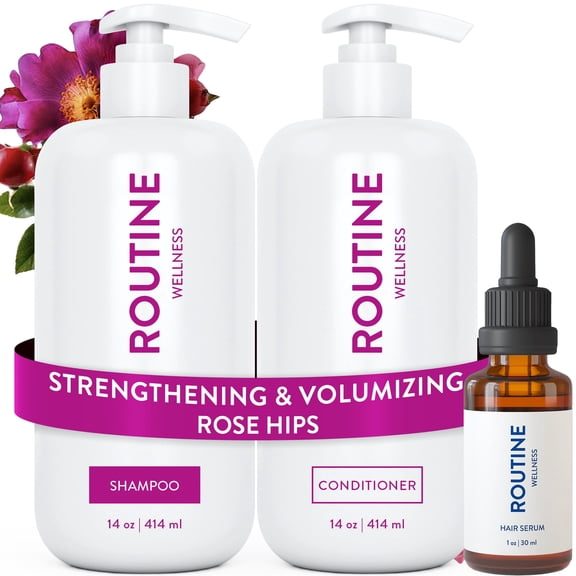 Routine Wellness Shampoo & Conditioner Set Hair Serum - Strengthening & Volumizing for Thinning Hair - Promotes Full, Voluminous, Healthy Hair - Rose Hips Set Serum