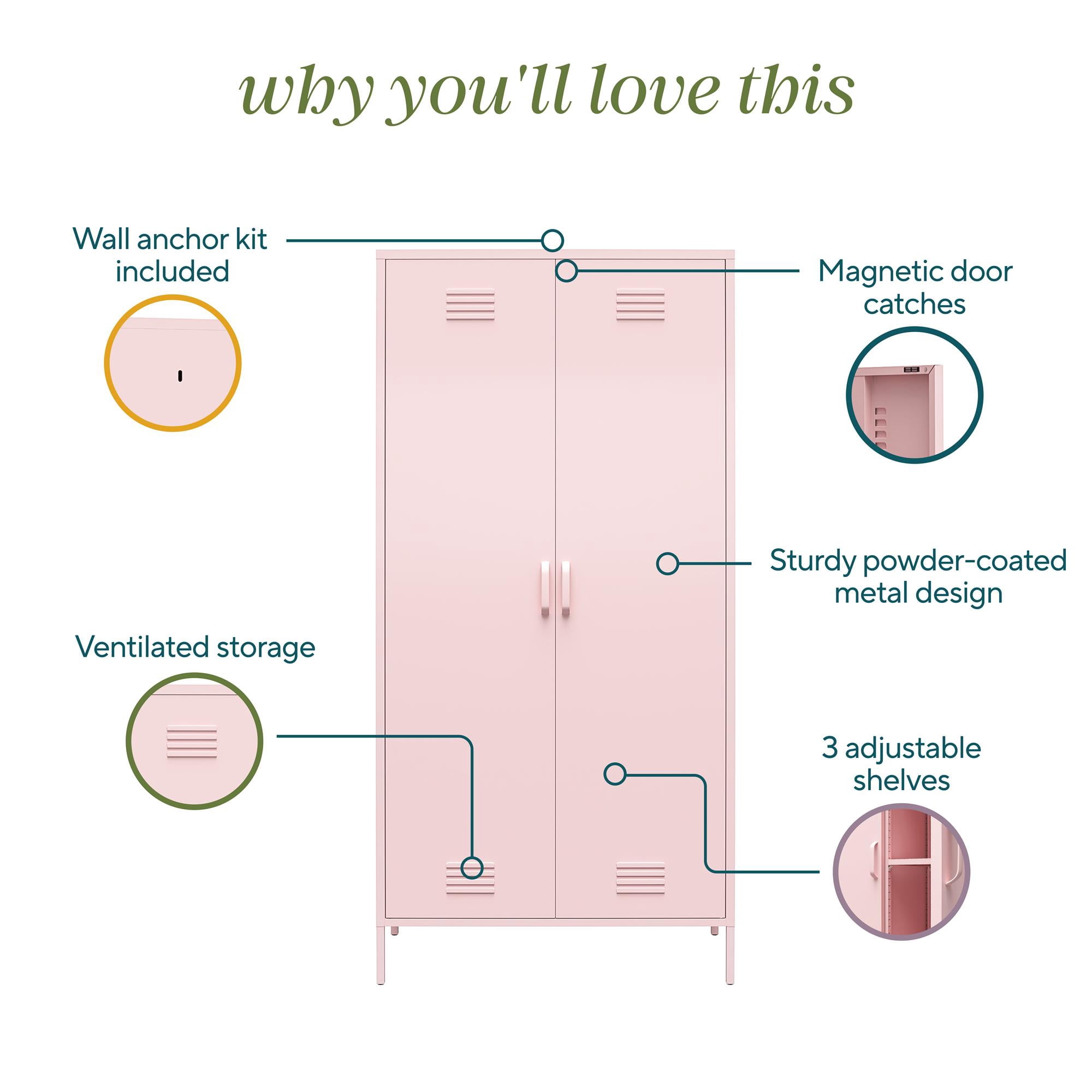 Novogratz Cache 2 Door Tall Metal Locker Style Storage Cabinet, Bashful Pink