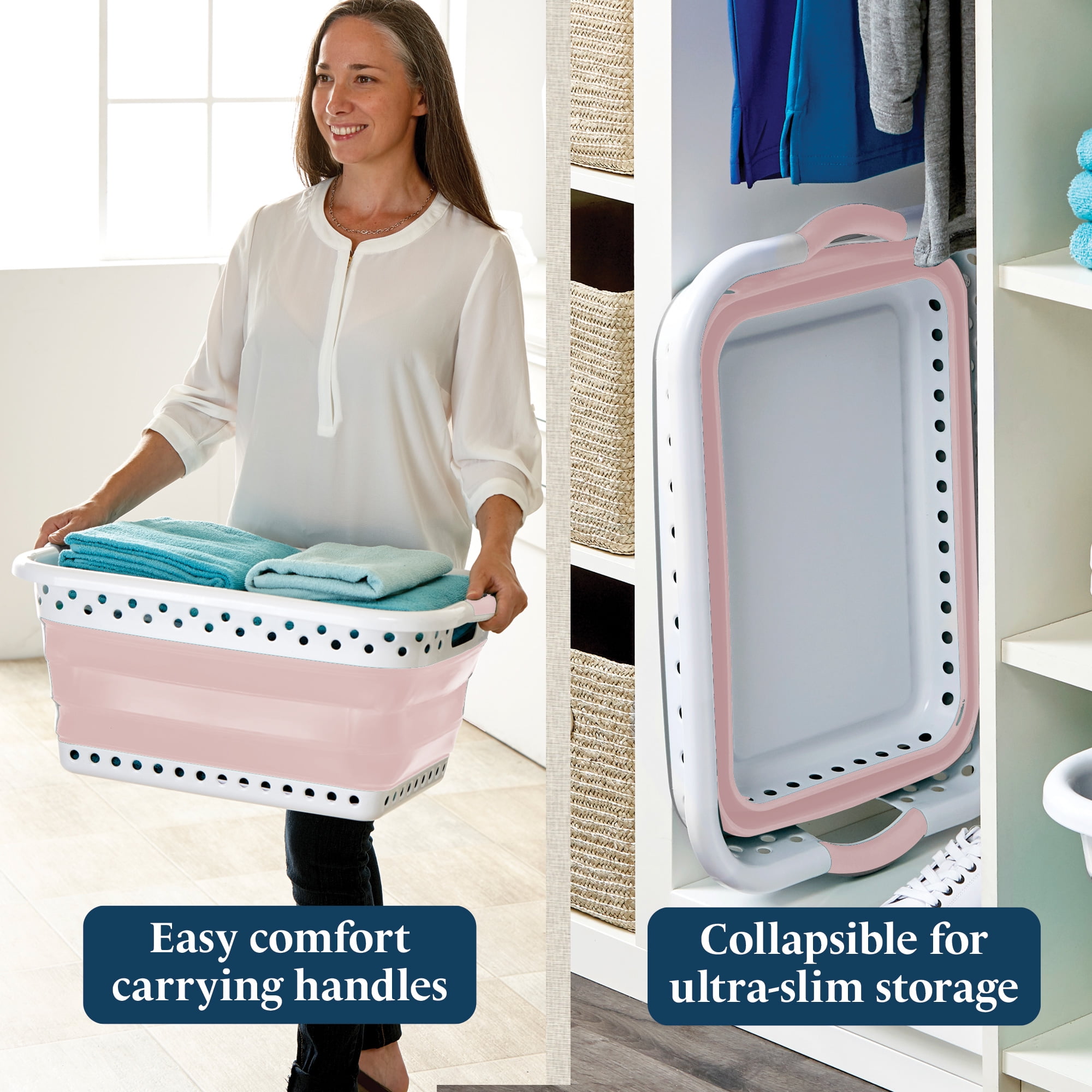 Blue Door Collapsible Laundry Basket Portable Pop Up Plastic Laundry Hamper with Dual Grip, 10.5-Gallon Pink 2pk
