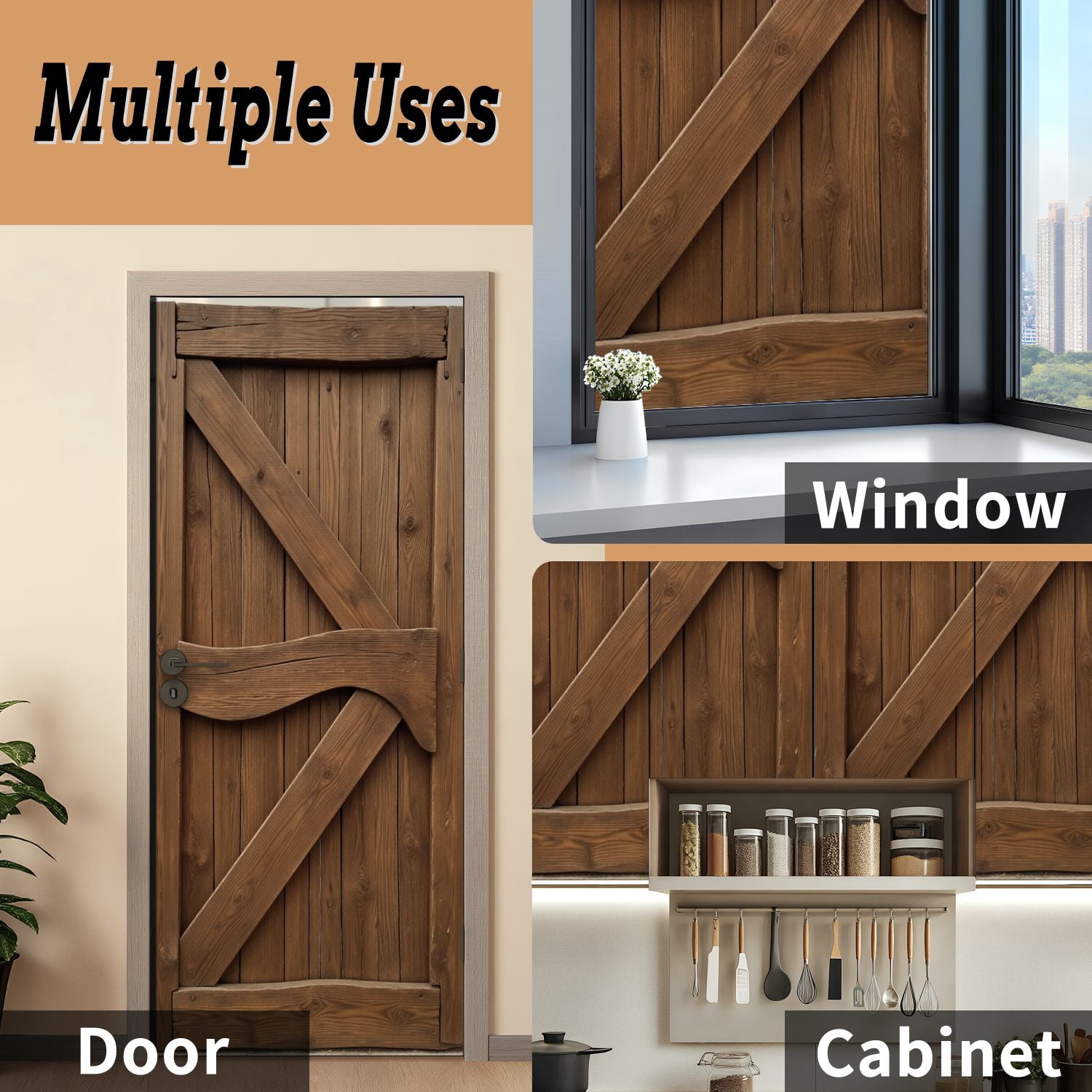Self Adhesive Vinyl Refrigerator Wrap Set Rustic Wooden Barn Doors Diagonal Bracing Natural Door Mural Removable Fridge Sticker Peel and Stick&nbsp;Full Door Cover Decal Kitchen Bar Decor