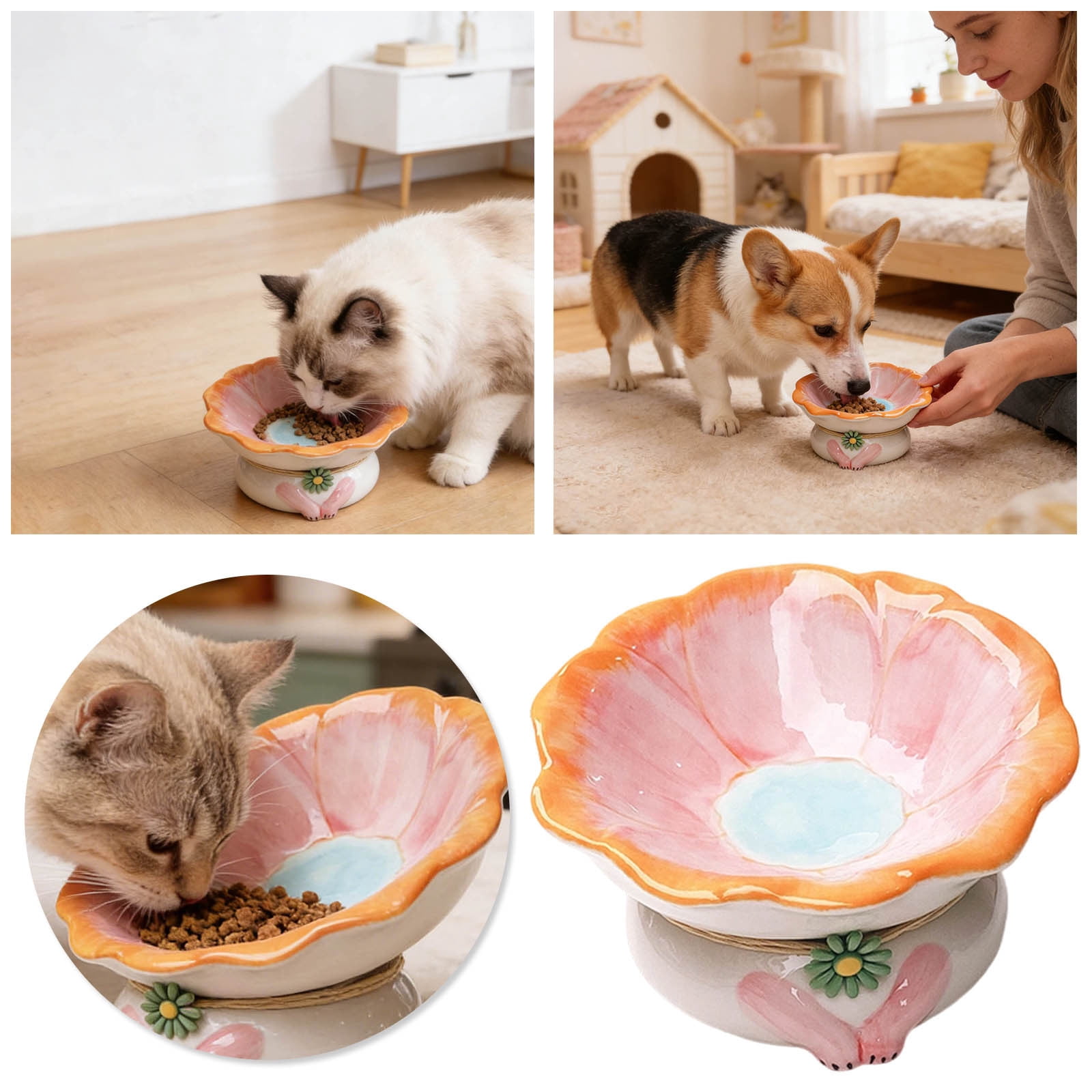 FTsdfkl Tilted Cat Bowl 15Â° - Ceramic Elevated Pet Food Dish, Elevated Floral Pattern,Non- Base for Cats/Dogs,Shallow Design,Anti Vomiting & Protect Pet's Spine