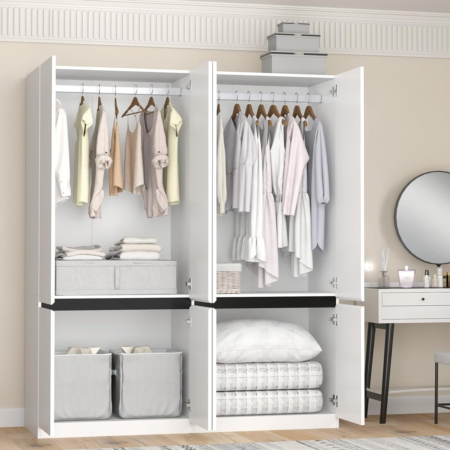 VINFORM Modern Mirrored Armoire Closet for Bedroom, 4 Door Wardrobe with Hanging Rods, White