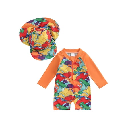 

Qtinghua Infant Toddler Baby Boys Rash Guard Swimsuit Romper Long Sleeve Turtle/Dinosaur Print Bathing Suit Swimwear with Swim Cap Orange 3-6 Months