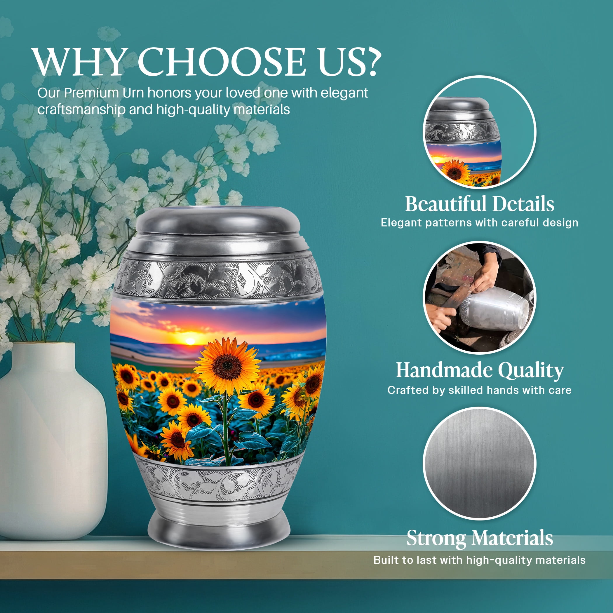 SABURIAL Sunflower Urn - Large Memorial Urn - Small Keepsake Urns For Human Ashes - Combo Of 10 Inch & 3 Inch - Mini Urns For Human Ashes Adult Male Burial