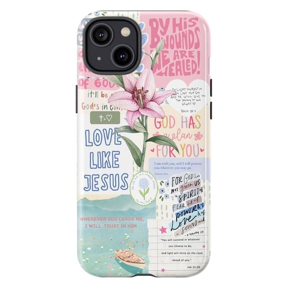 Christian Faith Phone Case for iPhone 17 16 15 14 13 12 11 Pro Plus Mini, Love Like Jesus Collage Cover, Religious Pink Lily Bible Verse