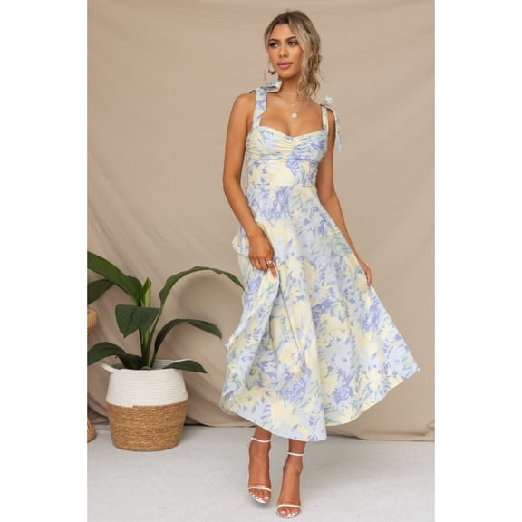 Summer slim-fitting, waist-cinching V-neck halter print midi dress for women