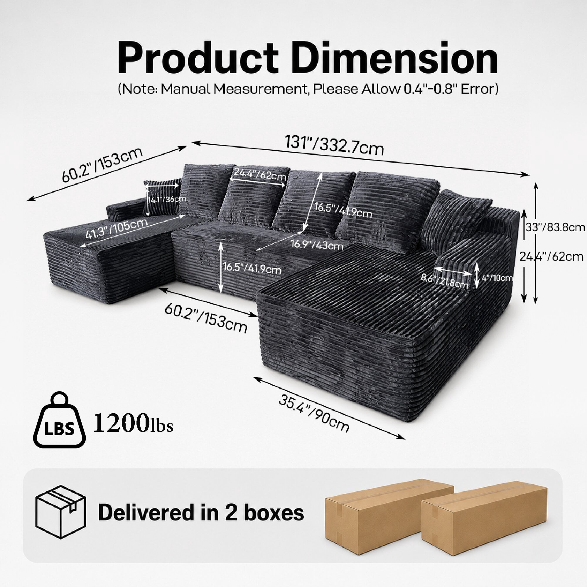 Howcool 131" U‑Shaped Modular Sectional Sofa with Deep Seat Chaise,Corduroy 4‑Seat Boneless Cloud Couch,Compressed Sofa for Living Room,No Assembly Required,Gray