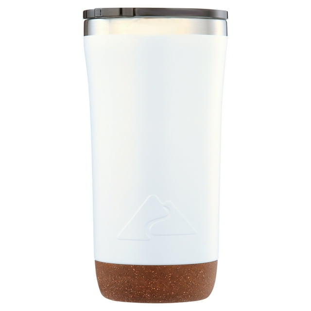 White Ozark Trail 18oz insulated tumbler with stainless steel lid and cork bottom for outdoor use.