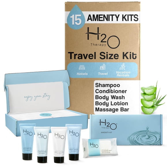 Kit de servicios de terapia H2O | Artículos de tocador a granel para hoteles | Champú Acondicionador Loción Gel de baño de 0,85 oz Jabón en barra corporal para alquileres vacacionales en hostelería pa