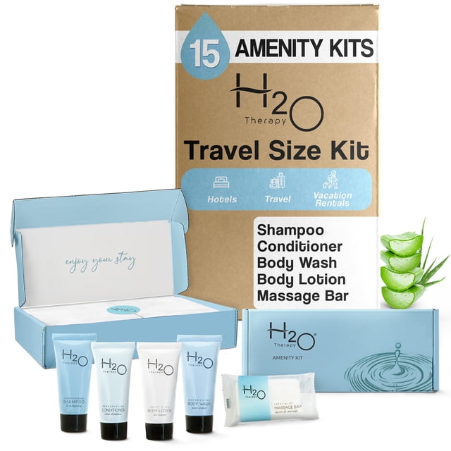 Kit de servicios de terapia H2O | Artículos de tocador a granel para hoteles | Champú Acondicionador Loción Gel de baño de 0,85 oz Jabón en barra corporal para alquileres vacacionales en hostelería pa
