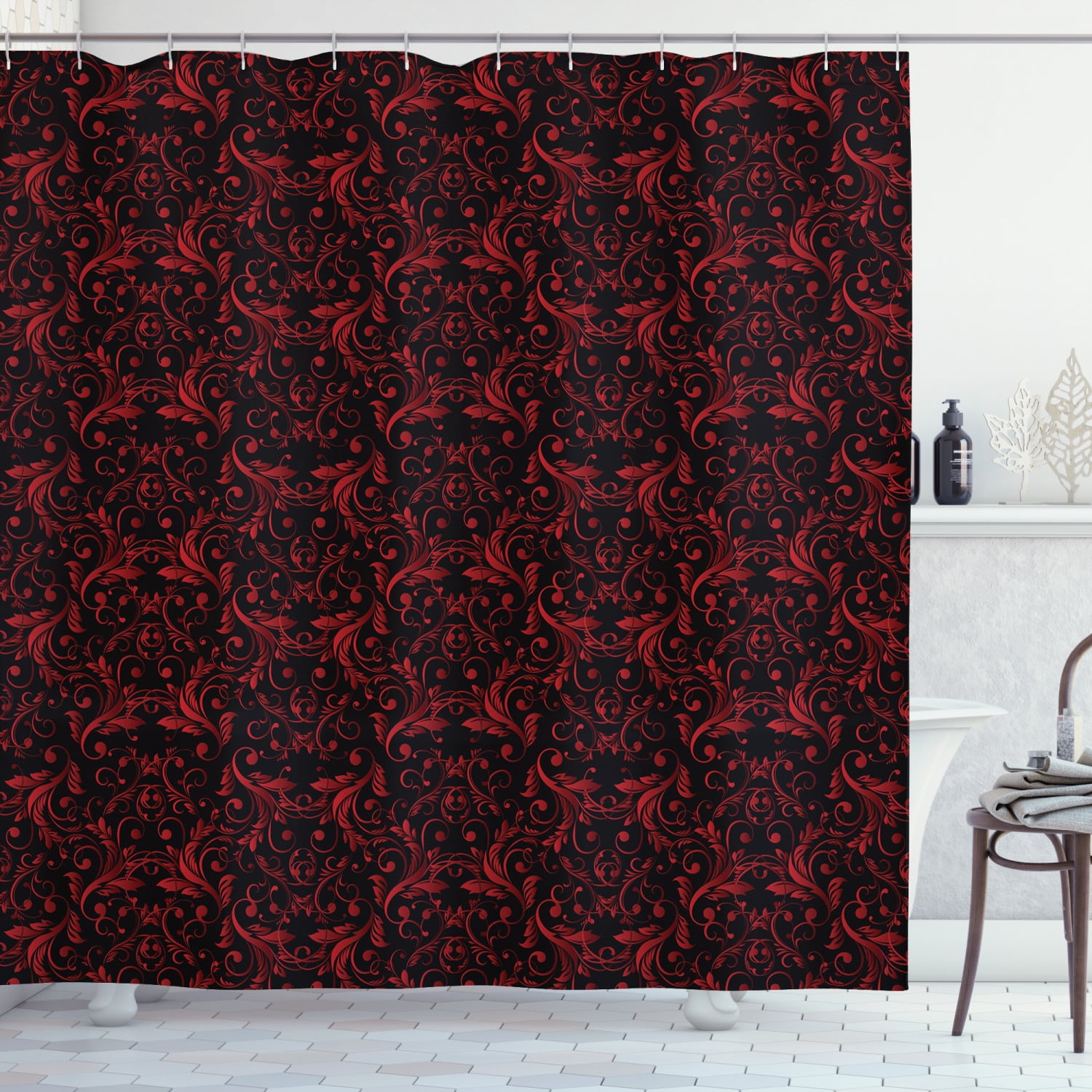 Red and Black Shower Curtain, Victorian Floral Design with Ivy Swirls