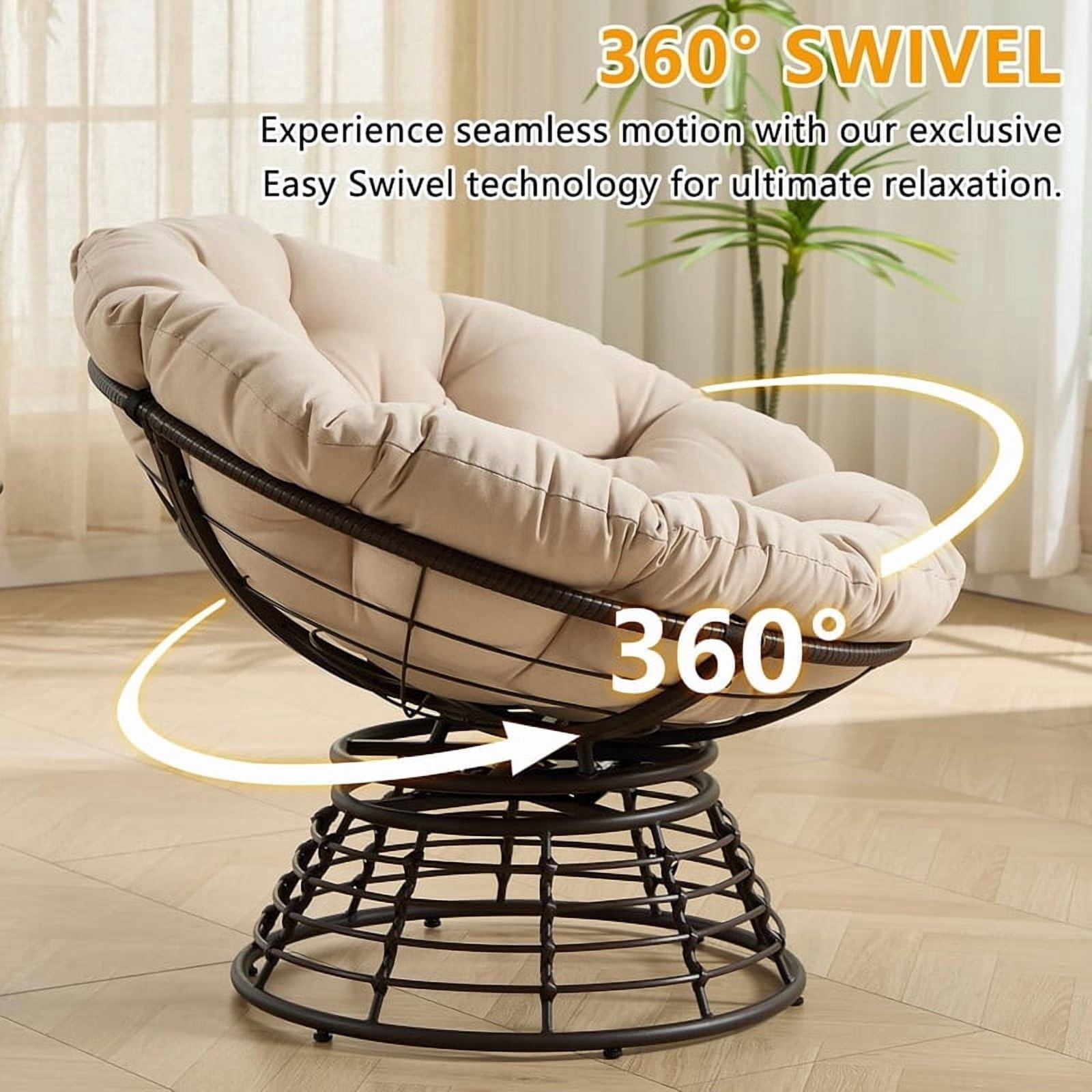 Ergonomic Wicker Papasan Chair, 360° Swivel Chair with Soft Thick Cushion for Living Room, Bedroom, Reading Room