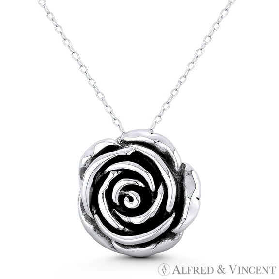 Rose Flower Charm 3D 21x22mm (0.8x0.9in) Pendant in Oxidized .925 Sterling Silver