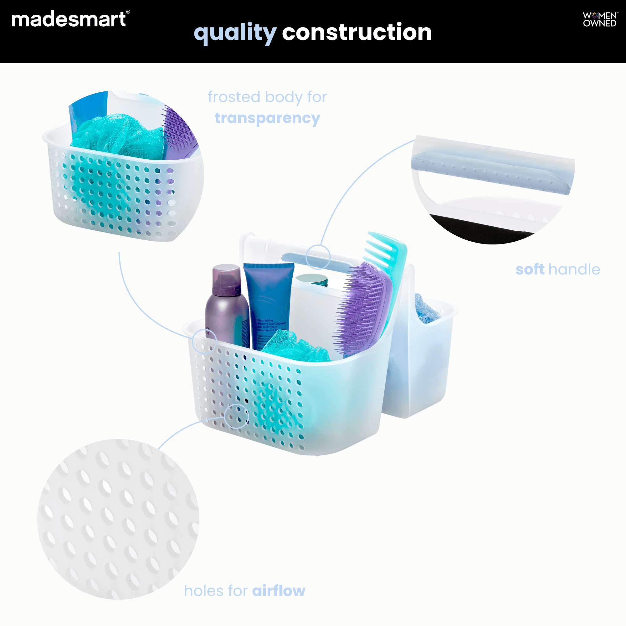 madesmart Large Shower Tote with Soft Grip Handle, Frosted Blue, Bathroom and Dorm Organizer