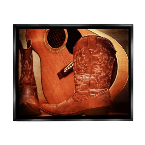 Stupell Industries Guitar & Cowboy Boots Literature & Flim Photography Black Floater Framed Canvas Art Print Wall Art, 21 x 17