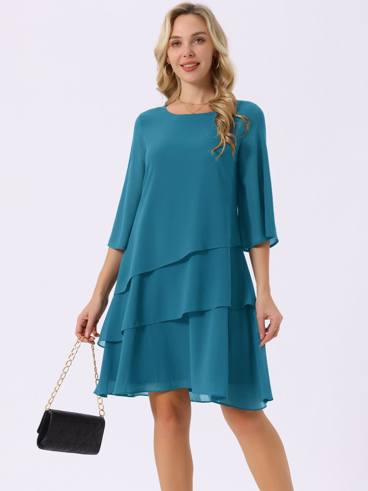 DARING DIVA Chiffon 3/4 Sleeve Tiered Layered Flowy Dress L Peacock Green