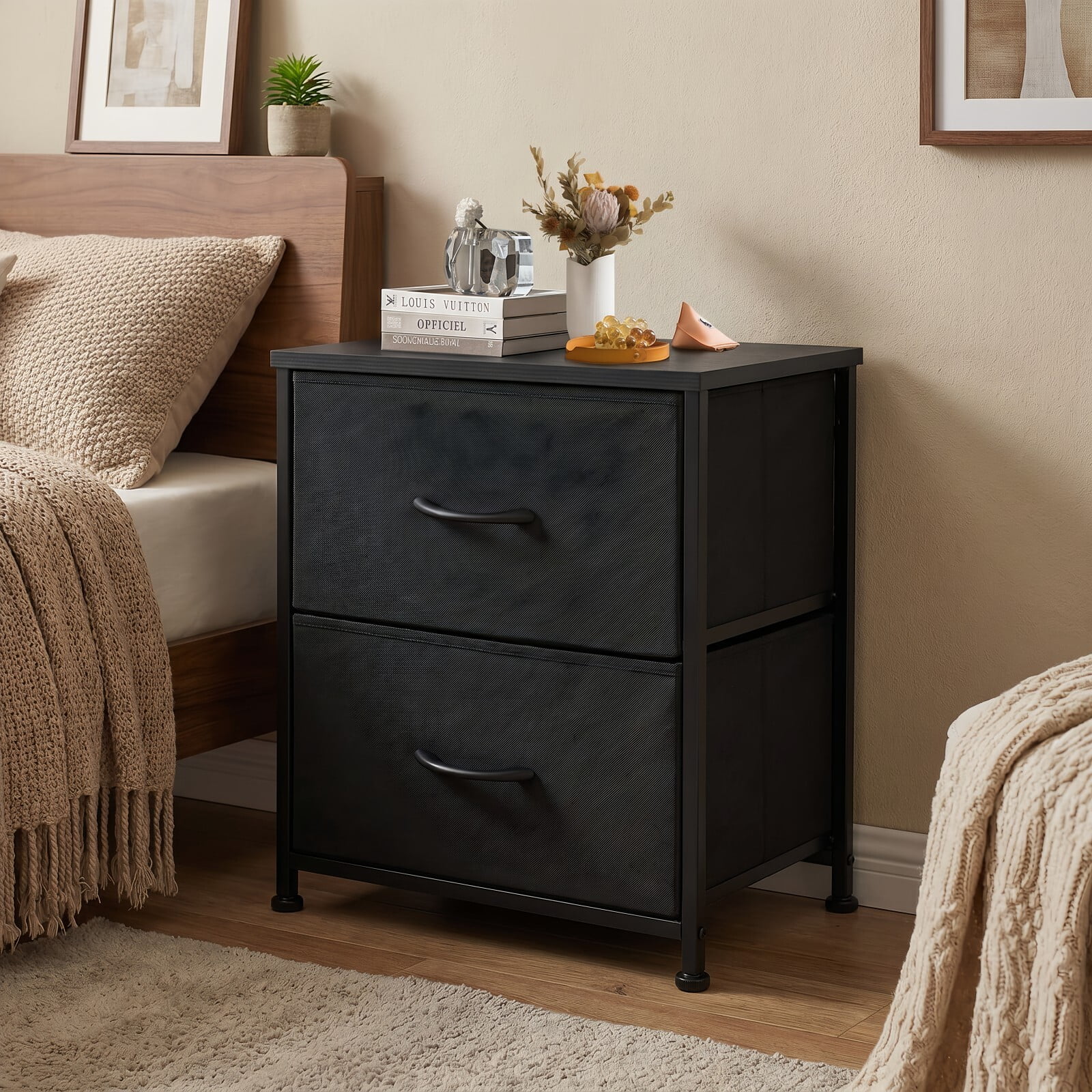 BEAUTYPEAK Nightstand 2-Drawer Fabric Dresser Bedside Table with Wooden Top Adjustable Feet, Black