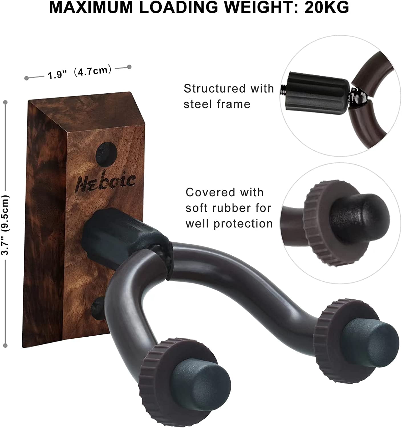 3 Pack Guitar Wall Mounts - Wooden Guitar Hangers with Hooks for Acoustic, Electric, Bass, Ukulele, Banjo, Mandolin