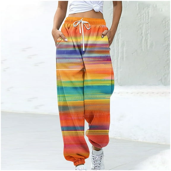 WXLWZYWL Women's Athletic Pants Straight Legs High Waisted Drawstring Rainbow Gradient Sweatpants Loose Lounge Workout Jogger Trouser