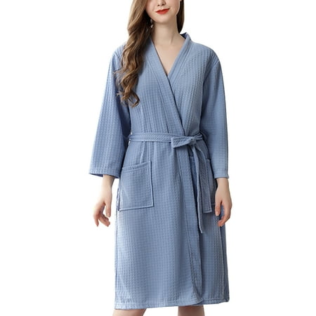 

5PCS Women Water Absorption Bath Robe Solid Waffle Bathrobe Spa Home Dress Nightgown blue
