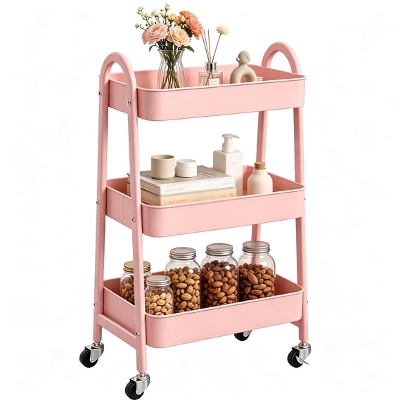 3‑Tier Rolling Storage Cart, Metal Rolling Shelving Cart, Mobile Utility Organizer Cart with Lockable Wheels, Multi‑Purpose Rolling Trolley Cart for Kitchen, Bathroom, Living Room, Laundry Room