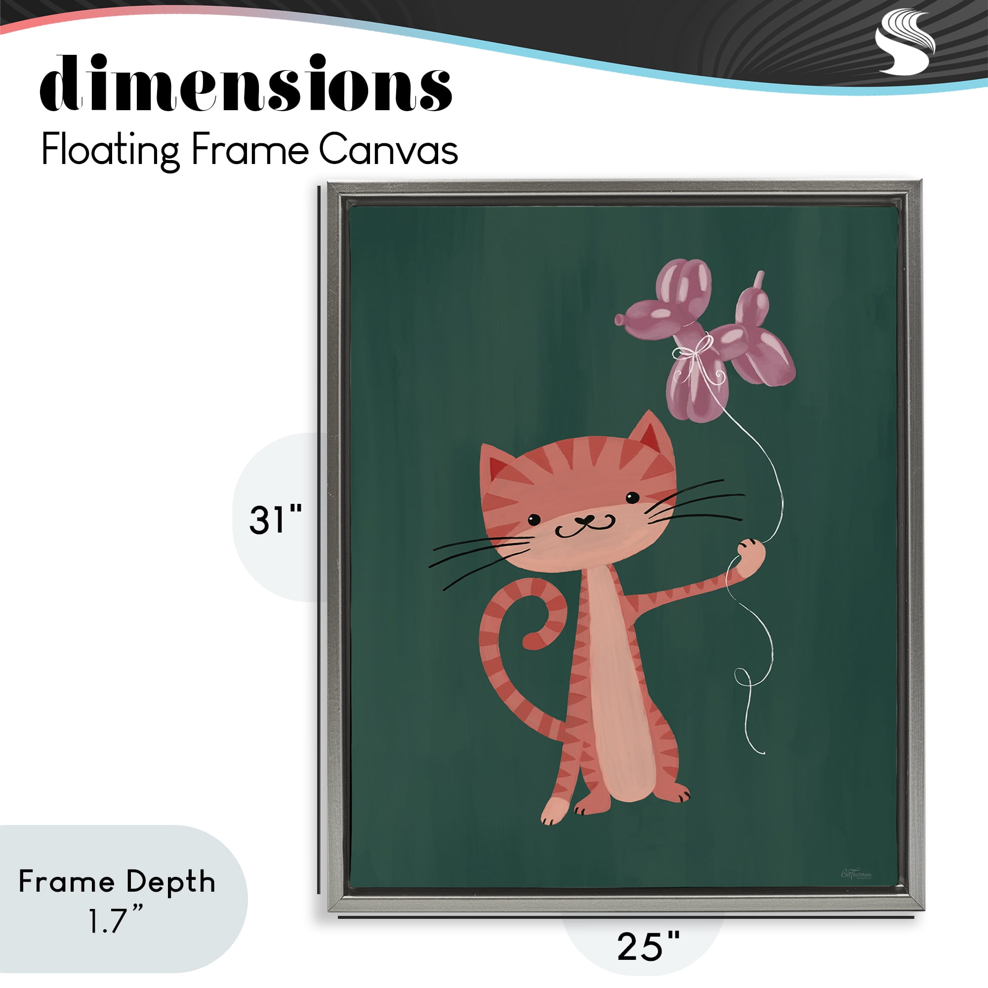 Stupell Industries Balloon Buddy Cat Gray Framed Floater Canvas Wall Art, design by Cat Thurman Designs