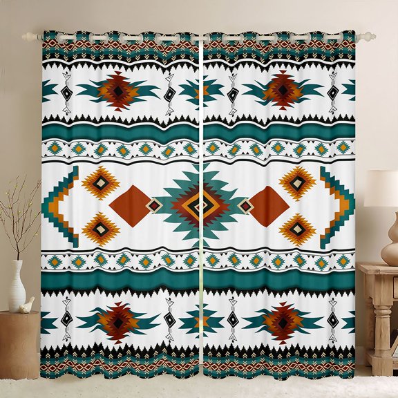Manfei Tribal Aztec Kitchen Curtains, Boho Geometric Black Out Curtains Pack of 2 (42x63 Each), Teal, Orange and White