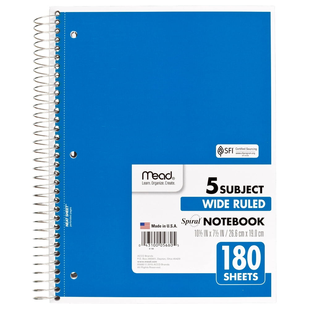 Mead Spiral Notebook 5 Subject Wide, Blue