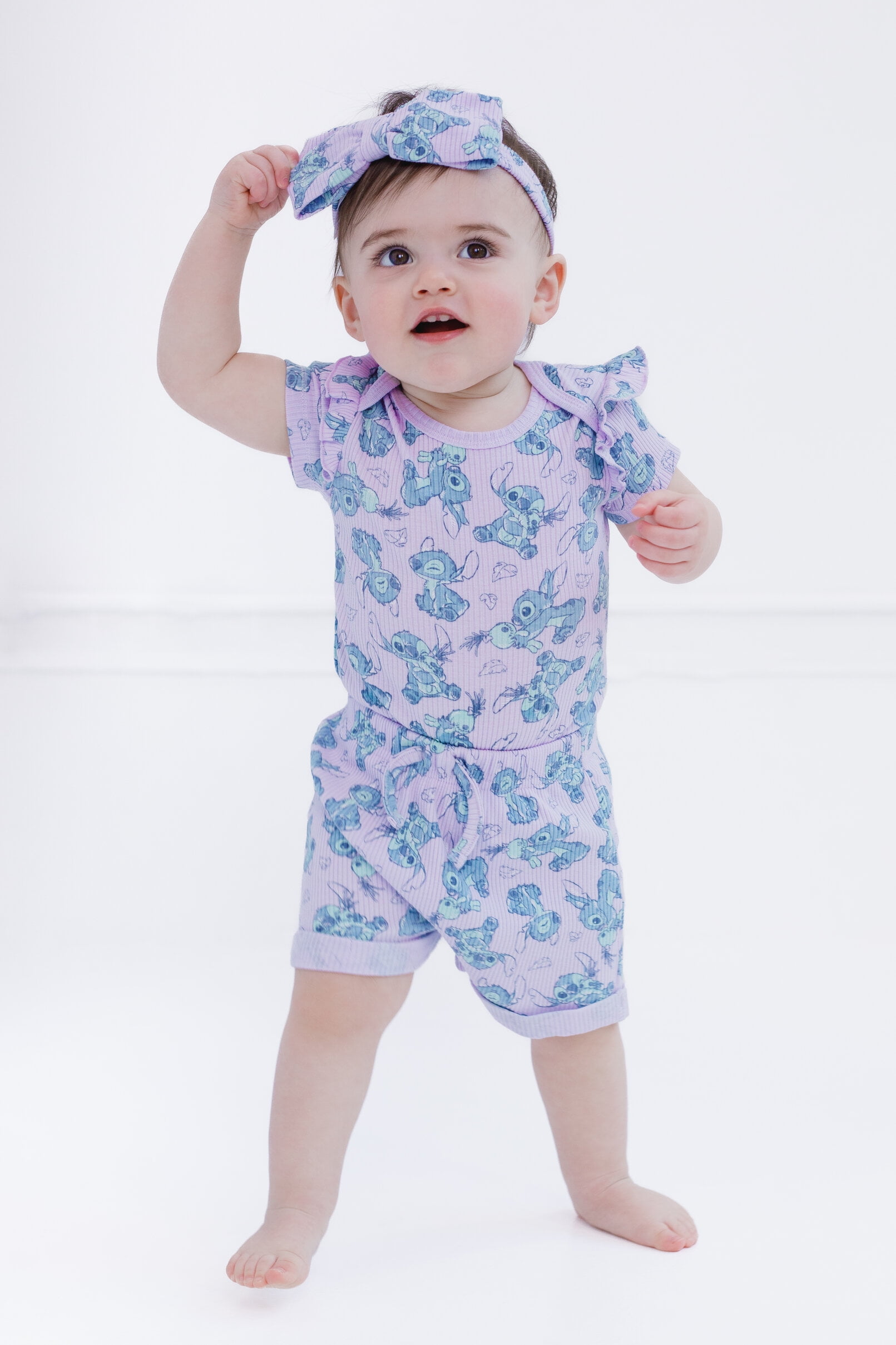 Disney Lilo & Stitch Ribbed Bodysuit, Shorts and Headband 3 Piece Outfit Set Newborn to Infant