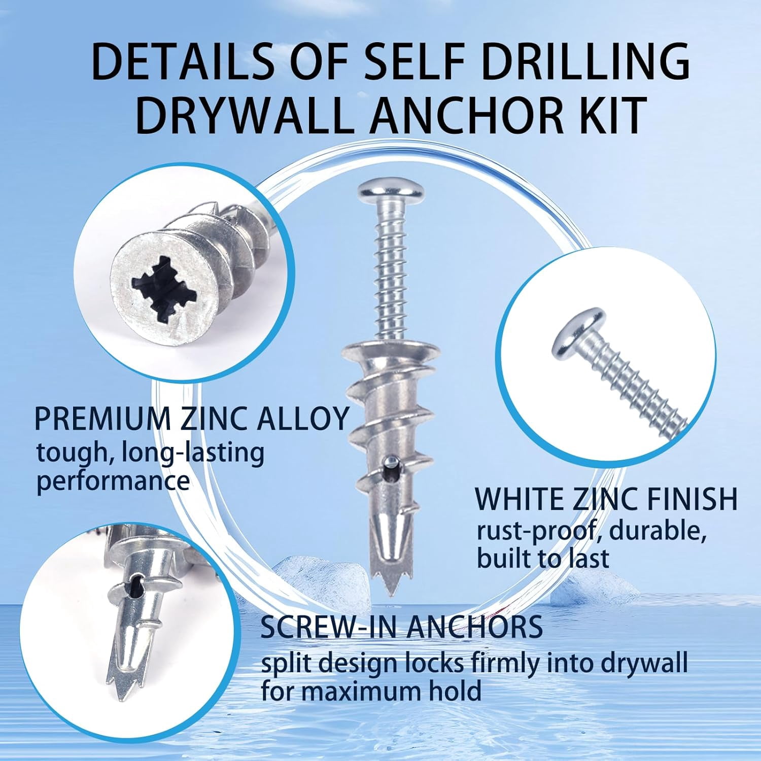 Metal Self Drilling Drywall Anchors, 101PCS Hollow Wall Anchors and Screws Kit, with Specialized Bit, Heavy Duty Sheetrock Anchors + #8×1-3/8 Screws, Easy for Wall, Shelve, Hanging and Mounting