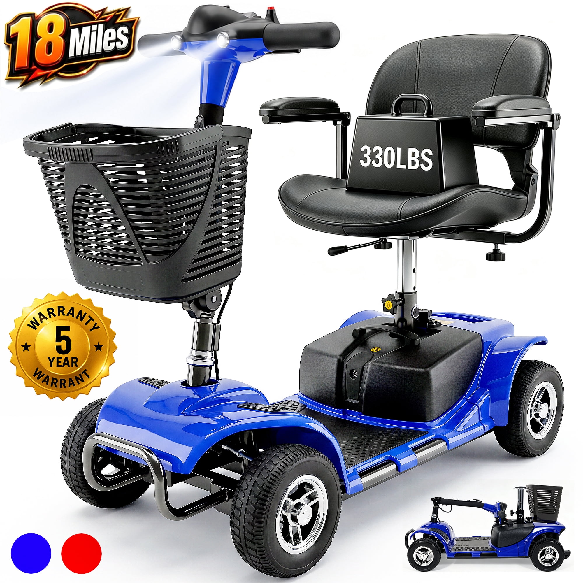 SACVON 4 Wheel Mobility Scooter for Seniors, Foldable Electric Scooter for Adults, 330 lbs Capacity, 18 Mile Range, 350W Motor, Swivel Seat, Blue