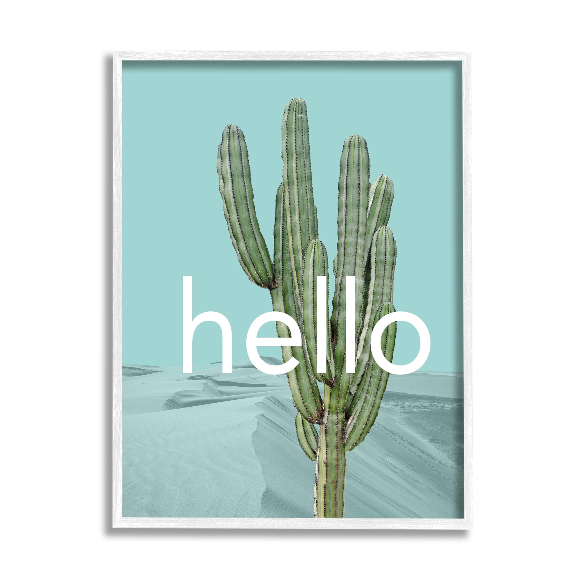 Stupell Industries Bold Hello Cactus Greeting Blue Desert Dunes Graphic Art White Framed Art Print Wall Art, Design by J. Weiss