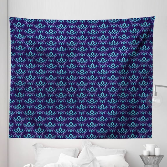 Art Deco Tapestry, Culture Themed Continuous Pattern of Boho Inspired Ornaments Print, Fabric Wall Hanging Decor for Bedroom Living Room Dorm, 5 Sizes, Indigo Sky Blue and Quartz, by Ambesonne