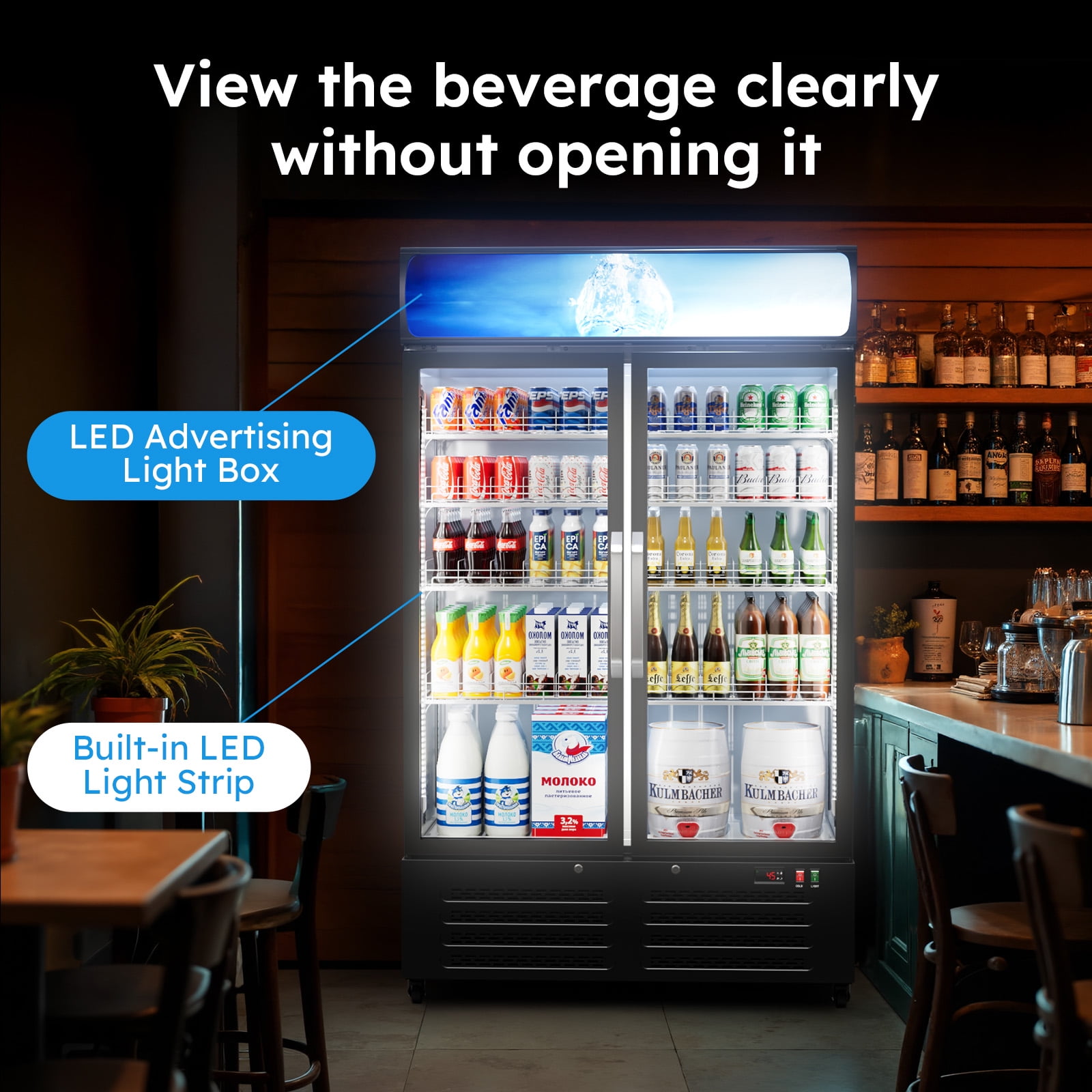 28 Cu Ft Commercial Merchandiser Refrigerator for Beverage,Glass Door Upright Display Fridge with Front LED Light