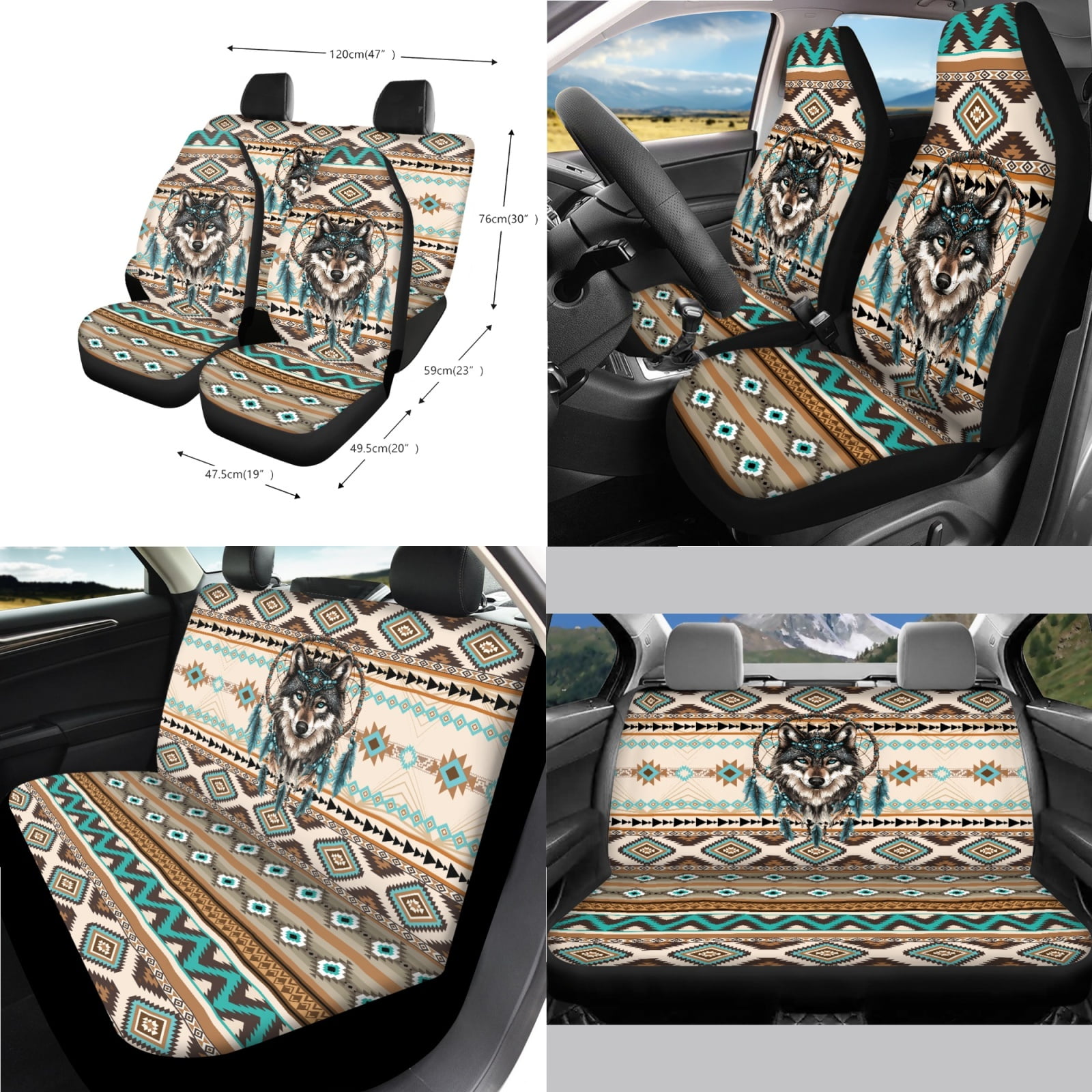 Yuyamidu 14 Piece Aztec Car Seat Covers Full Set Wolf Steering Wheel Cover Seat Belt Pads Garbage Bag Dream Catcher Armrest Cover Handbrake Cover Set Rear View Mirror Protector Coasters