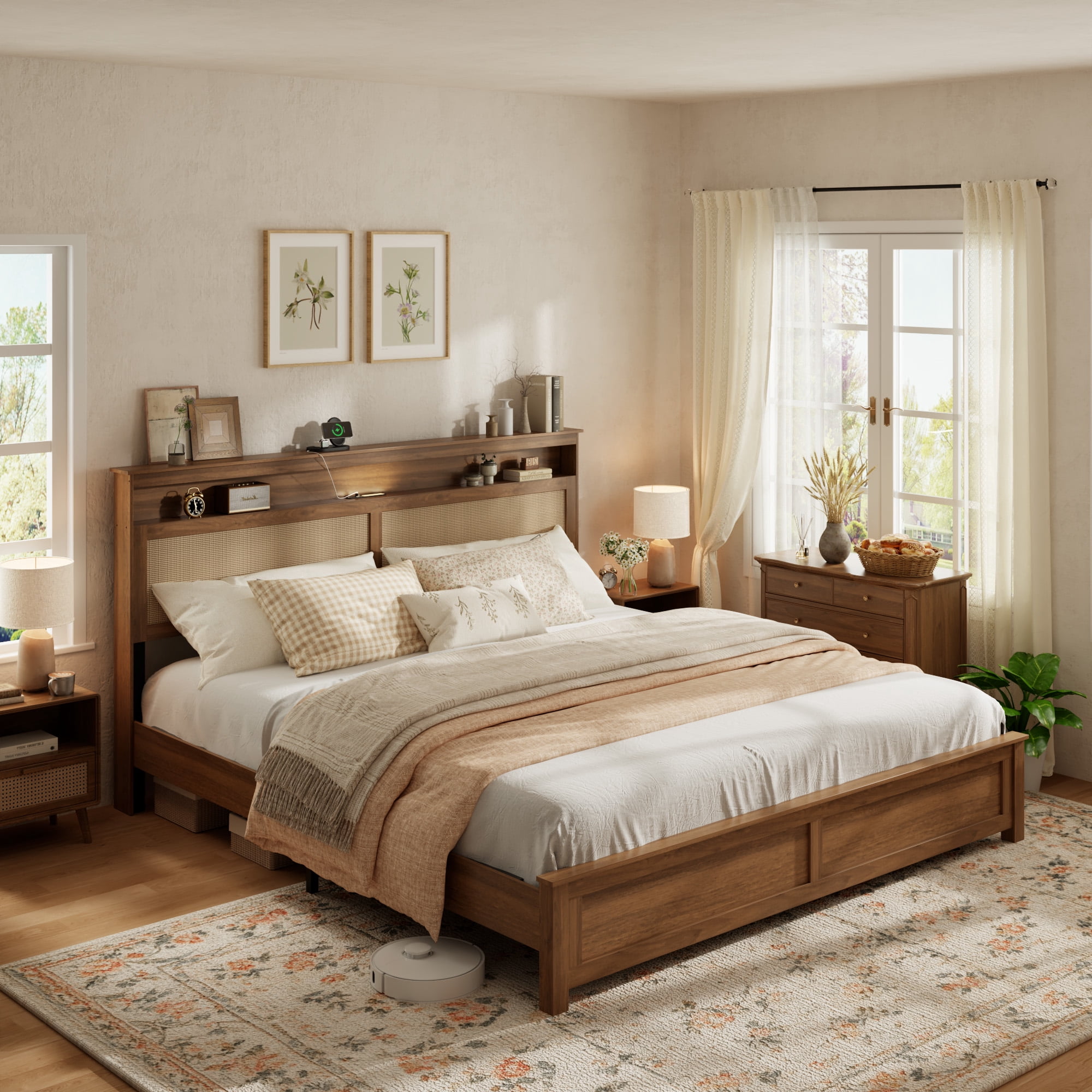 King Bed Frame 86.02 Inch, Rattan Headboard with Built In LED Reading Light and Storage Shelf, Modern Farmhouse Platform Bed, No Box Spring Needed, Brown