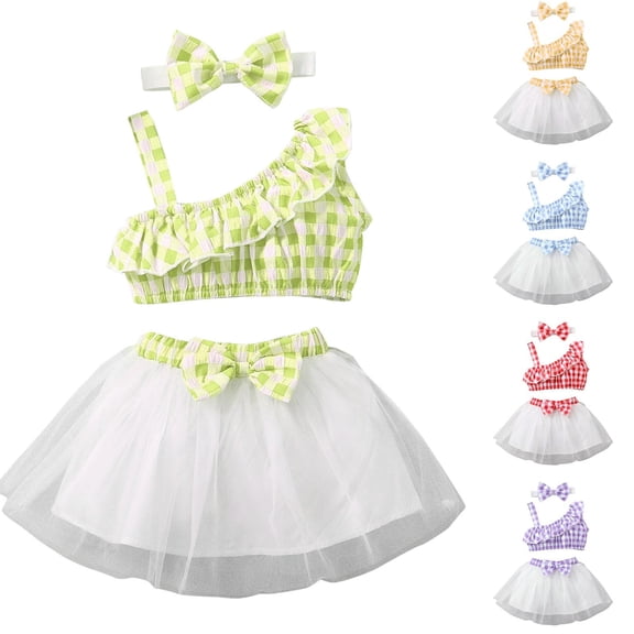Einccm Girls Summer Plaid Top and Gauze Skirt 2 Piece Outfit Sleeveless Ruffle One Shoulder Bow Decor Elastic Waist Tulle Skirt Set Casual Party Holiday Clothes for Toddler Girls Kids 2-8 Years