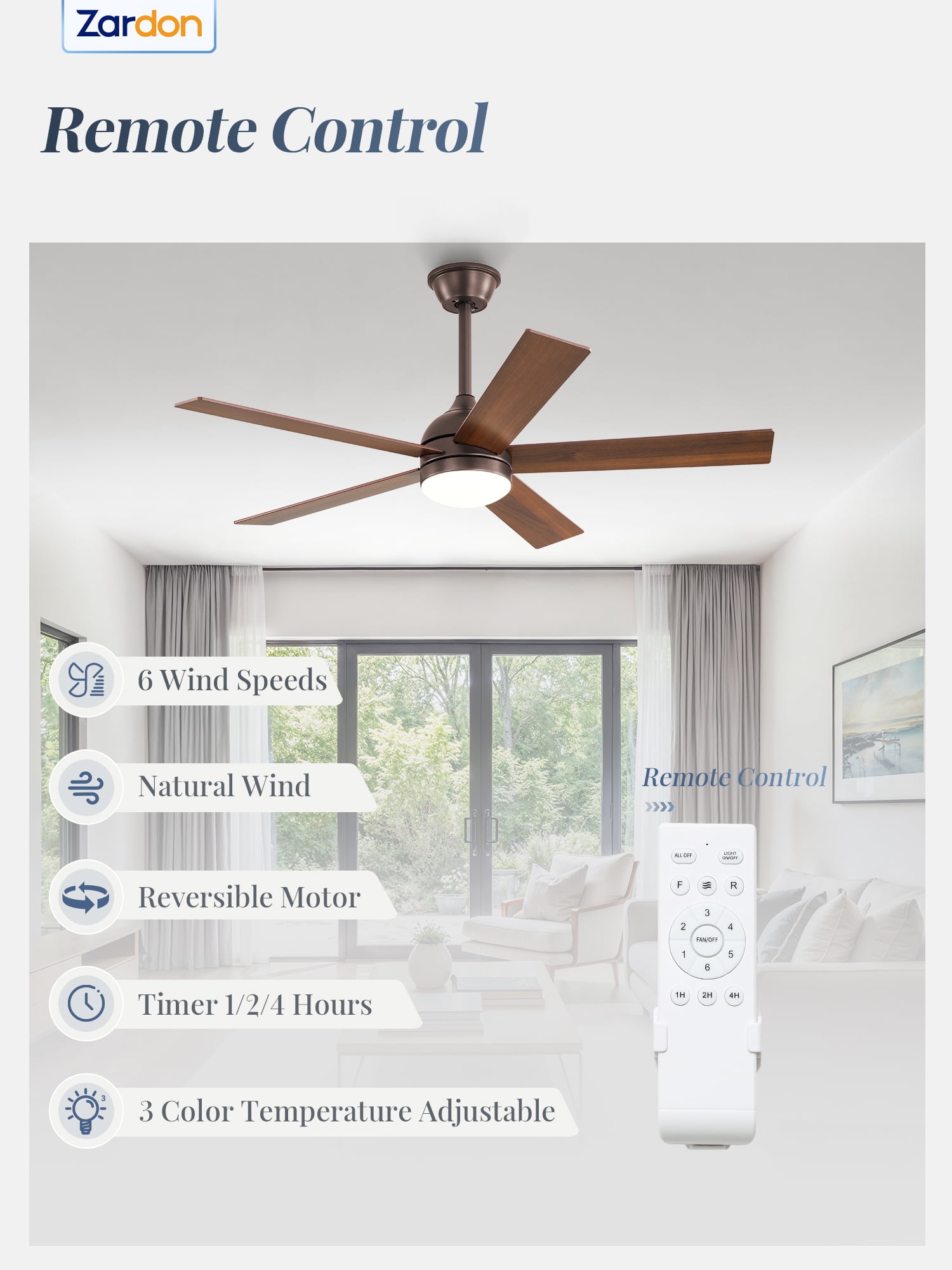 Zardon 48in Ceiling Fans with Light and Remote Control, Modern Flush Mount Ceiling Fans with 6-Speed for Indoor, Outdoor, Brown