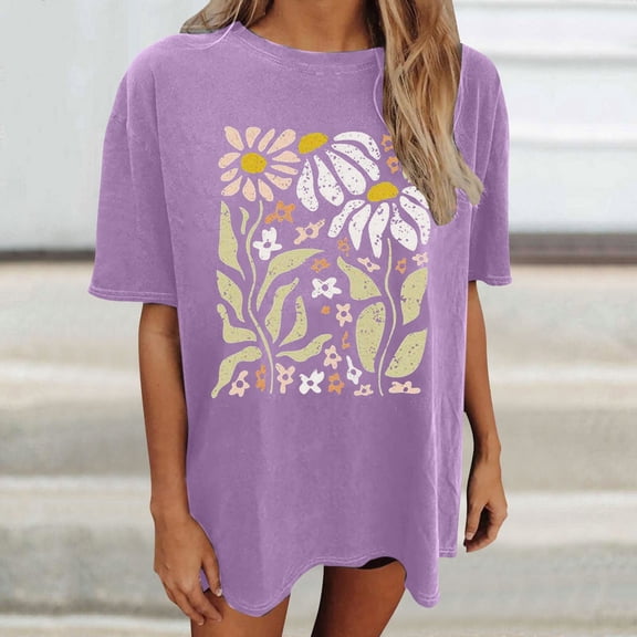 Trendfront Womens Retro Daisy T Shirts Oversize Drop Shoulder Crewneck Short Sleeve Loose Fit Tops Trendy Fashion Tee Pullover Daily Clothing