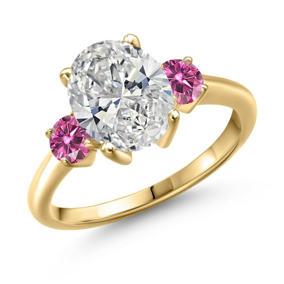2.46 cttw IGI Certified Lab Grown Diamond and Pink Moissanite 3-Stone Engagement Ring for Women | 18K Yellow Gold Plated Silver | Center 2.00 Ct Diamond | E-F Color | VS1-VS2 Clarity | Size 8