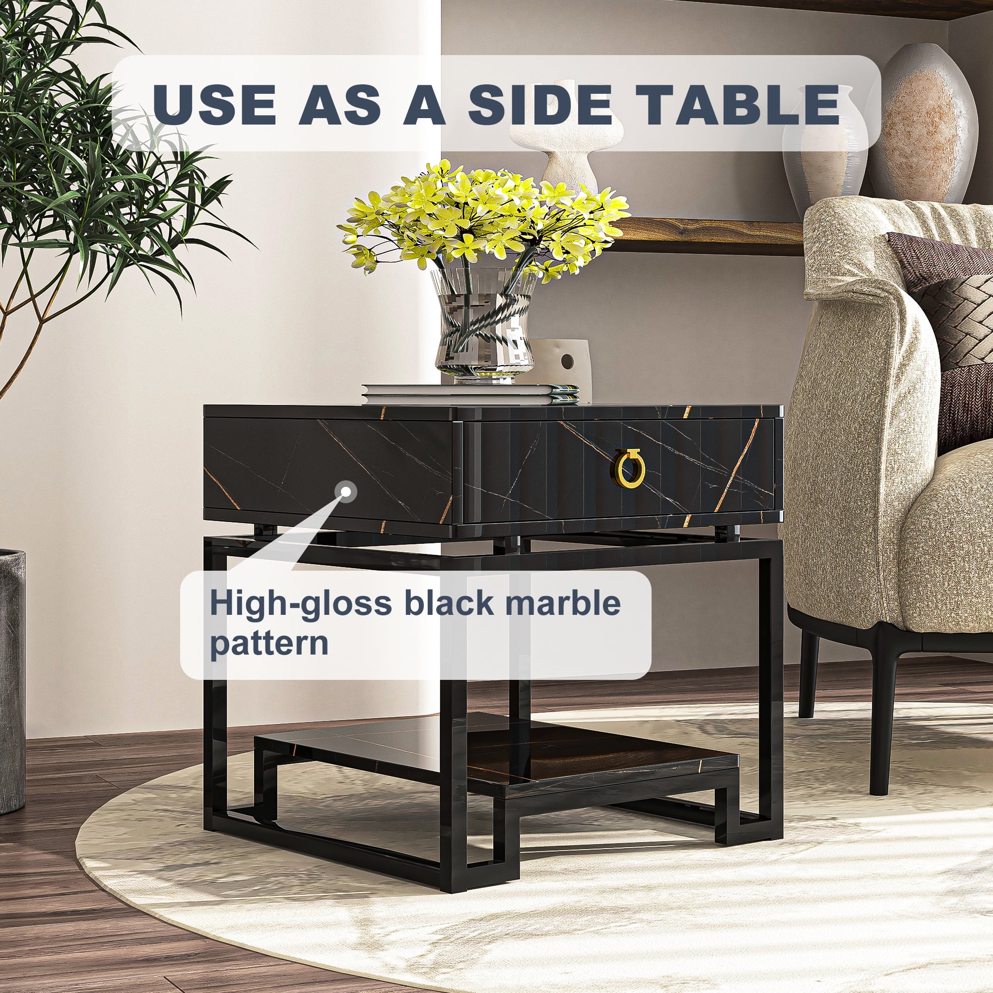 Resenkos Black Marble Nightstand for Bedroom with Golden Handle, Modern Drawers and Shelf Bedside Table Resenkos Black Marble Nightstand for Bedroom with Golden Handle, Modern Drawers and Shelf Bedside Table
