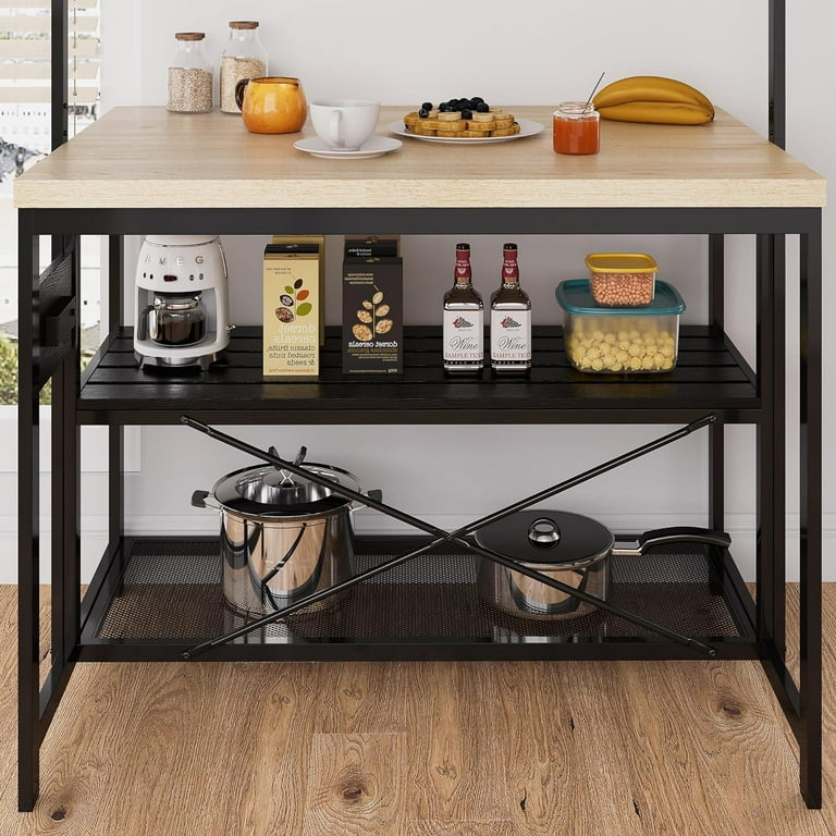 Kitchen Island with Storage Bakers Rack with Power Outlet Island Table for Kitchen 3 Tier Microwave Stand Oven Shelf Large Coffee Bar Table Storage