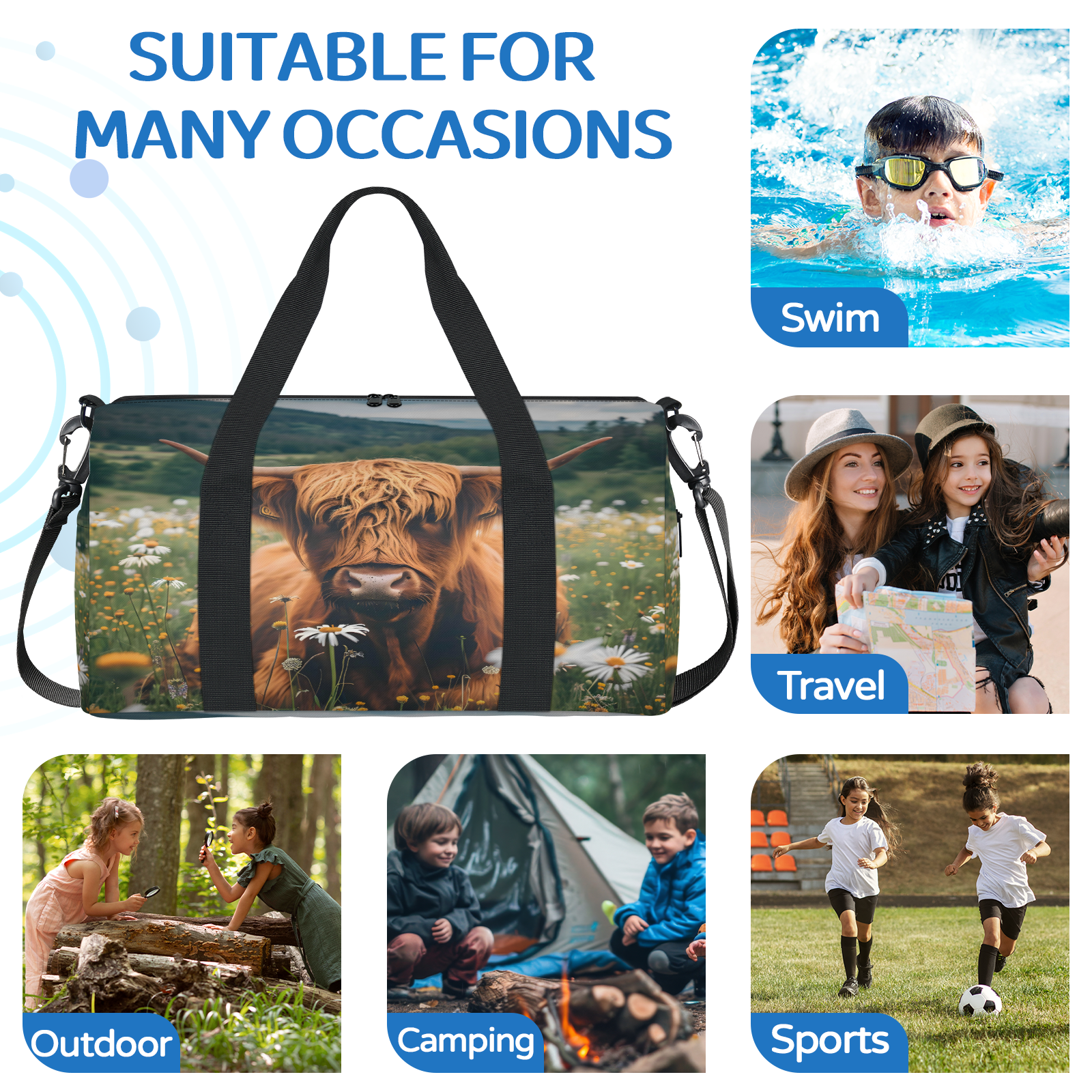 Herdesigns Highland Cow Spring Floral Gym Bag for Women, Duffle Bag for Travel Sport, Lightweight Waterproof Carry on Weekender Overnight Dance Yoga Workout Bags