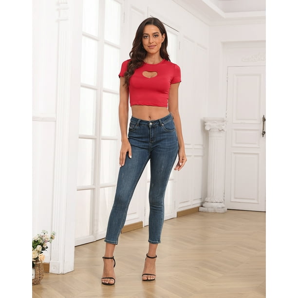 トップス the red thread S heart fit tops HDE Women's Y2K Heart Keyhole Cut-Out Short Sleeve Crop Top Red