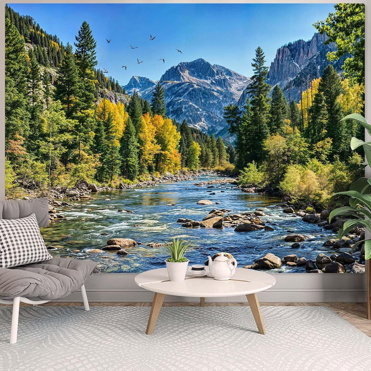 Nature Forest Mountain Tapestry Green Pine Tree Tapestry for Bedroom Aesthetic Flowing River Landscape Tapestries Wall Hanging Bird Decor for Living Room Classroom Dorm Office 60X40IN