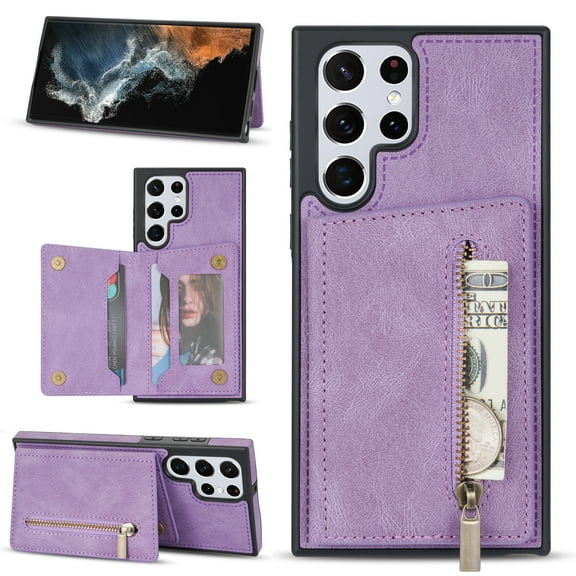 Feishell Back Flip Case for Samsung Galaxy S23 Ultra,Premium PU Leather Wallet Cover with ID Credit Card Holder & Zipper Pocket Magnetic Metal Button Kickstand Shockproof Phone Case,Purple